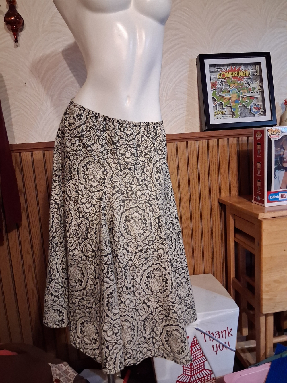 Green and Cream Patterned A-Line Midi Skirt